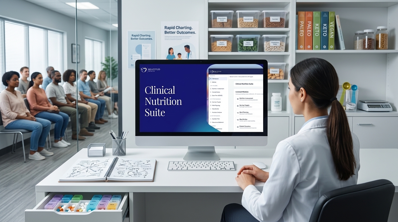A nutrition clinician in a white coat at her desk