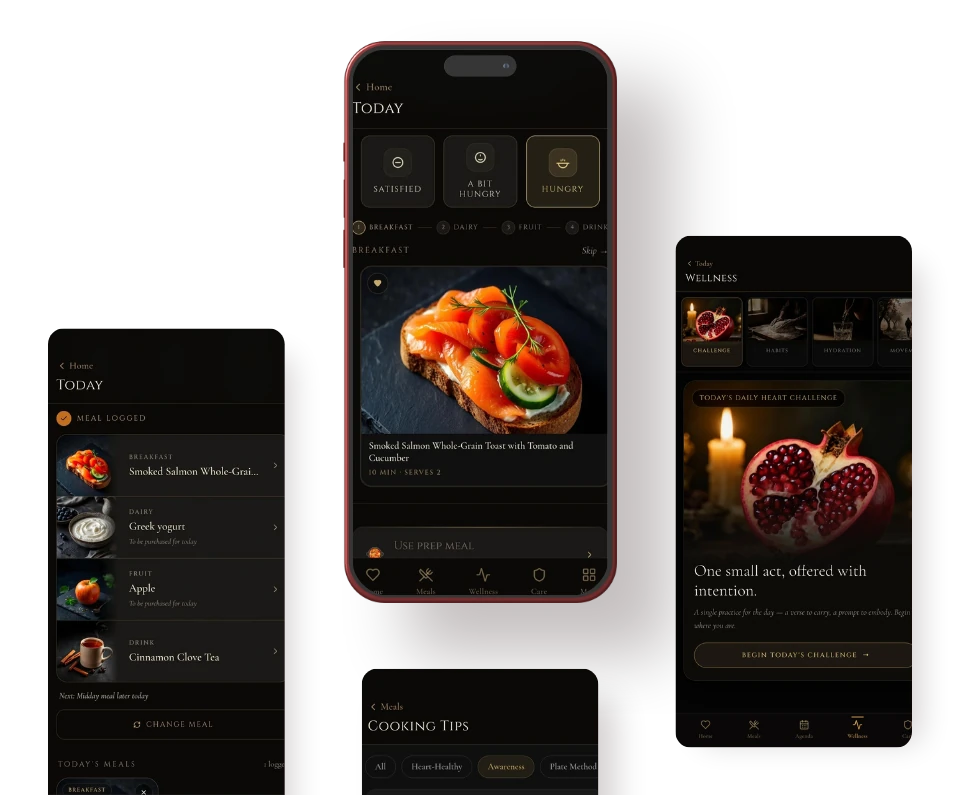 The Manne app on three phones: today's meals, a recipe suggestion, and the daily heart challenge