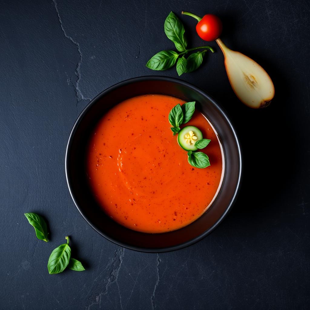 A bowl of tomato soup garnished with basil, on a dark slate table